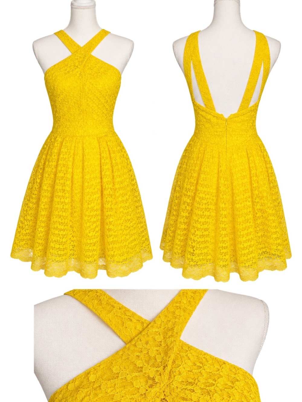 Moda International Bright Yellow Lace Crossback Fit & Flare Mini Dress